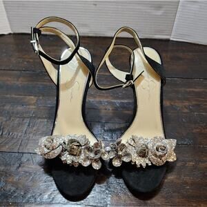 Jessica Simpson‎ silver ankle strap rosettes floral heels sandals size 9.5